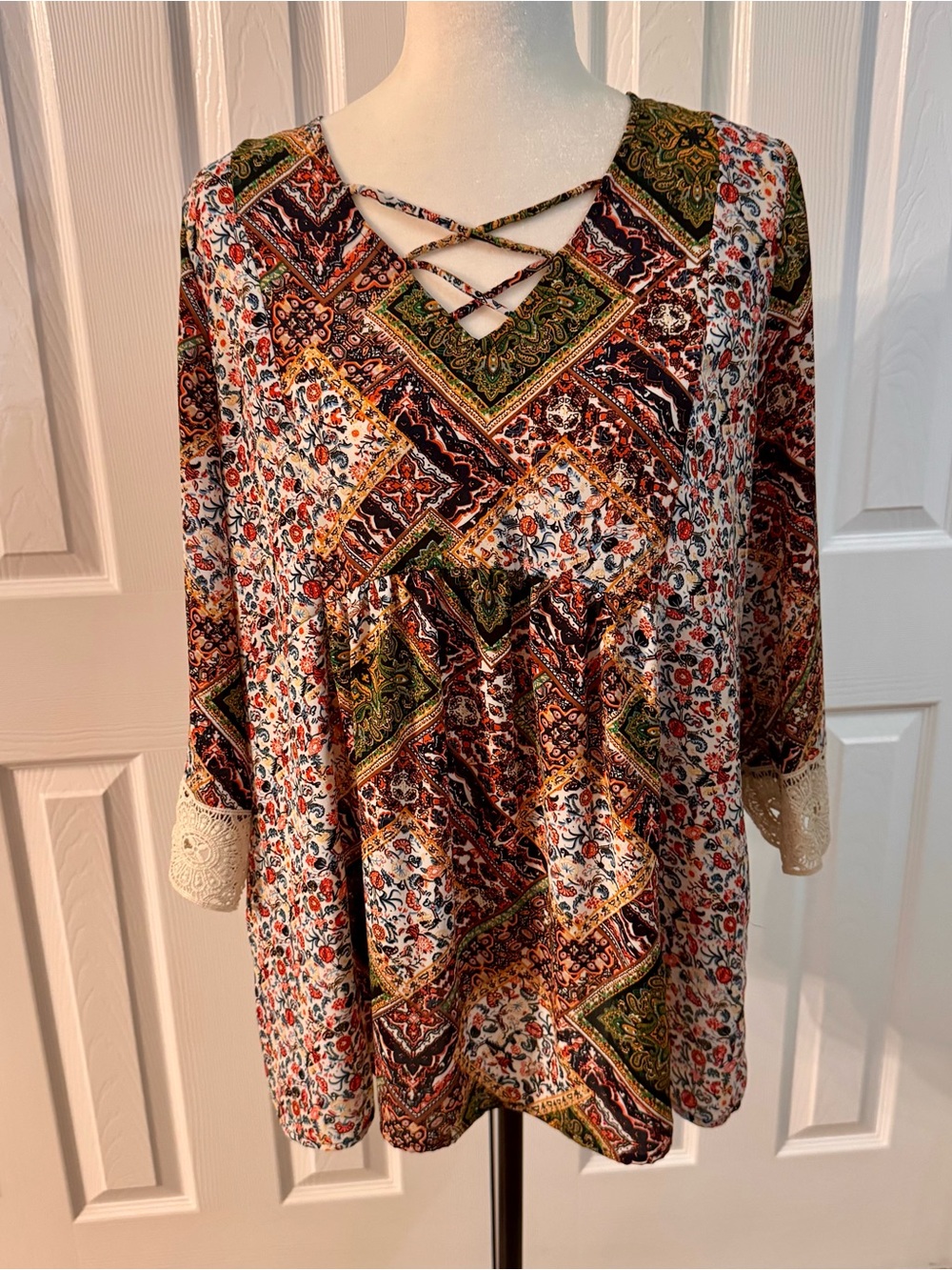JM Collection Boho Multicolor Crisscross Neck Patchwork Tunic